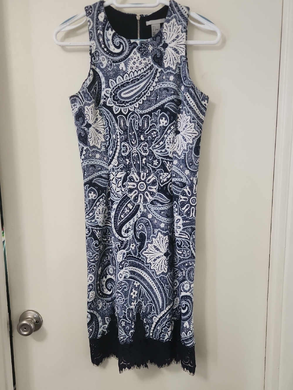 H&M Navy and White Paisley Lace-Hem Midi Dress